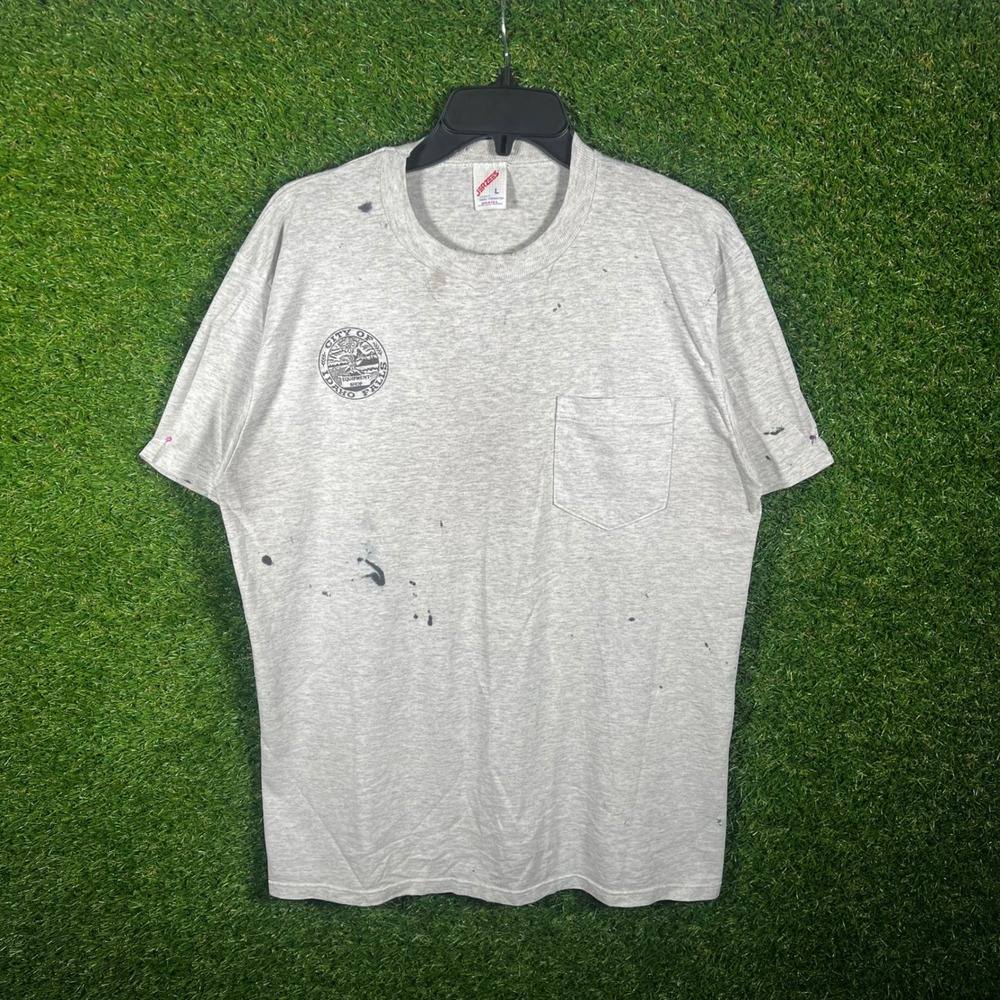 Vintage‎ Jerzees Idaho Falls City Equipment Shop Pocket T-Shirt Gray Mens L 90's